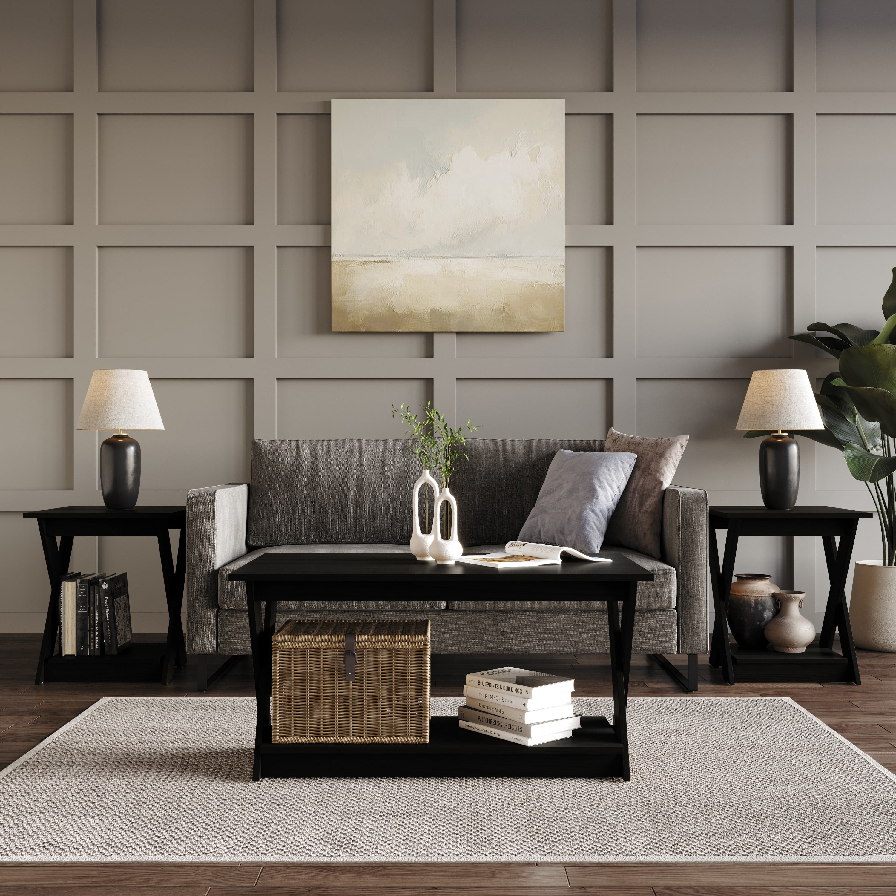 Home Design Emporia 3-Piece Coffee Set with Crossed-Leg Design and Lower Shelf, Wide Plank, Black, Modern Living Room