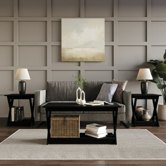 Home Design Emporia 3-Piece Coffee Set with Crossed-Leg Design and Lower Shelf, Wide Plank, Black, Modern Living Room
