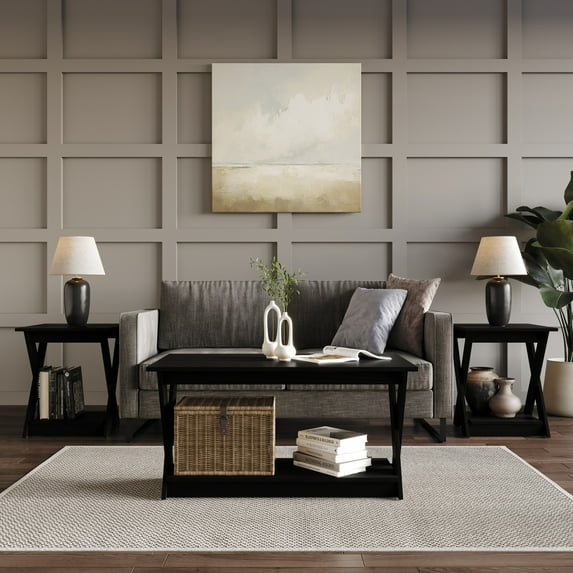 Home Design Emporia 3-Piece Coffee Set with Crossed-Leg Design and Lower Shelf, Wide Plank, Black, Modern Living Room