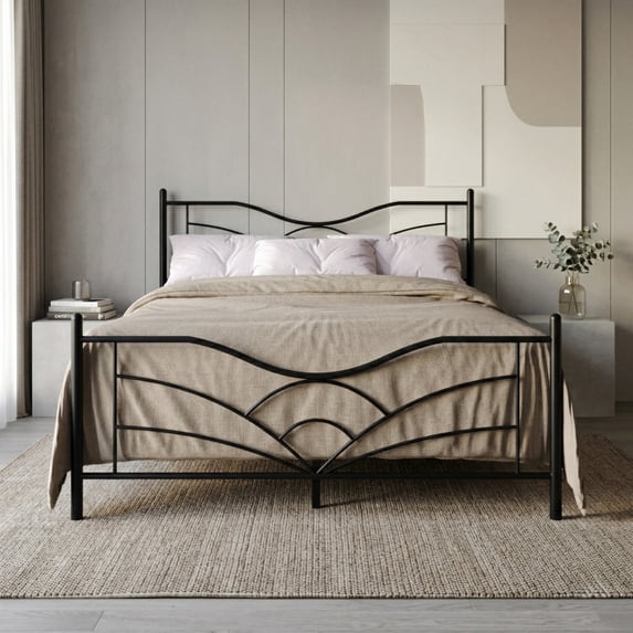 Home Design Enfield Classic Full Metal Platform Bed, Curved Headboard and Footboard, No Box Spring Needed, Black