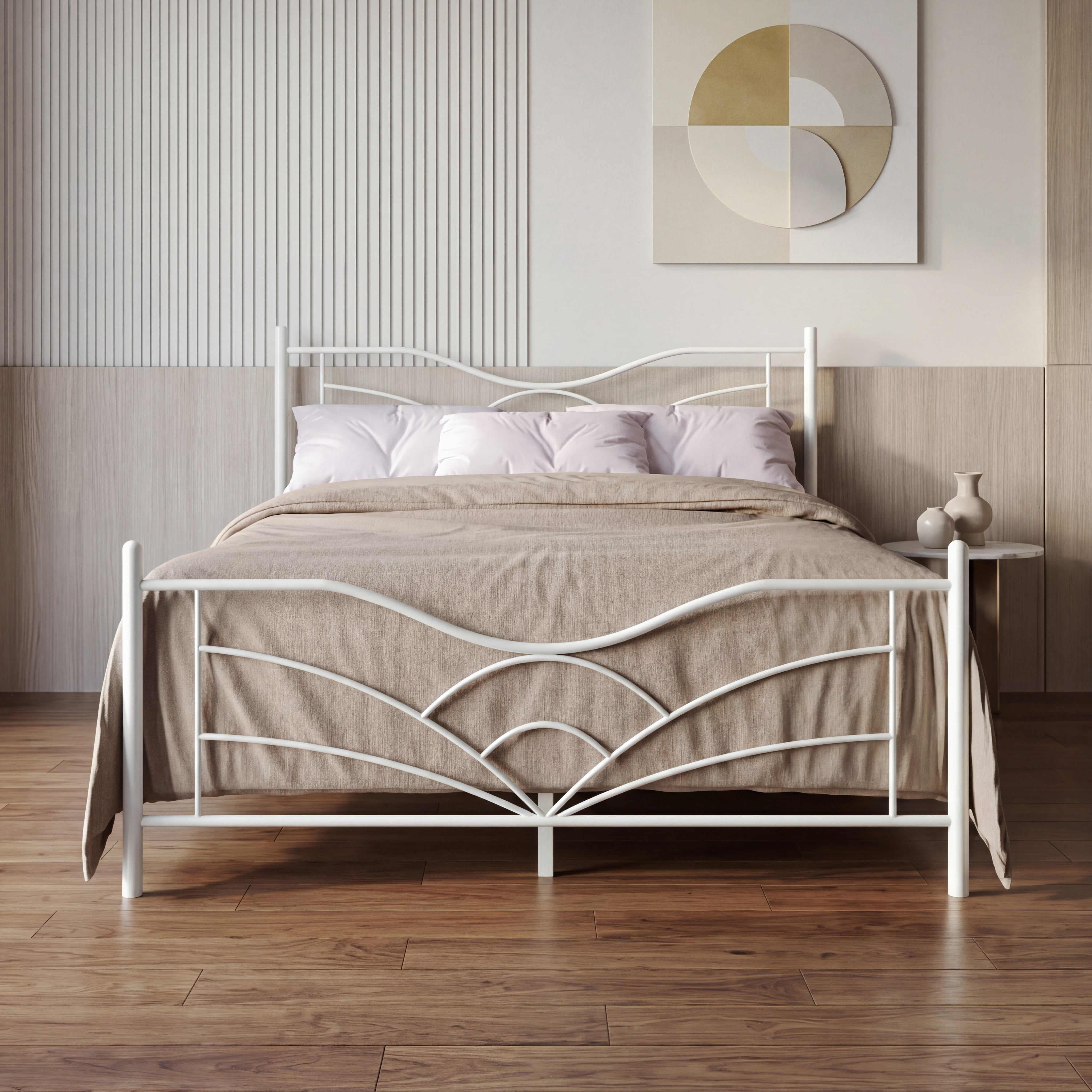 Home Design Enfield Classic Full Metal Platform Bed, Curved Headboard and Footboard, No Box Spring Needed, White