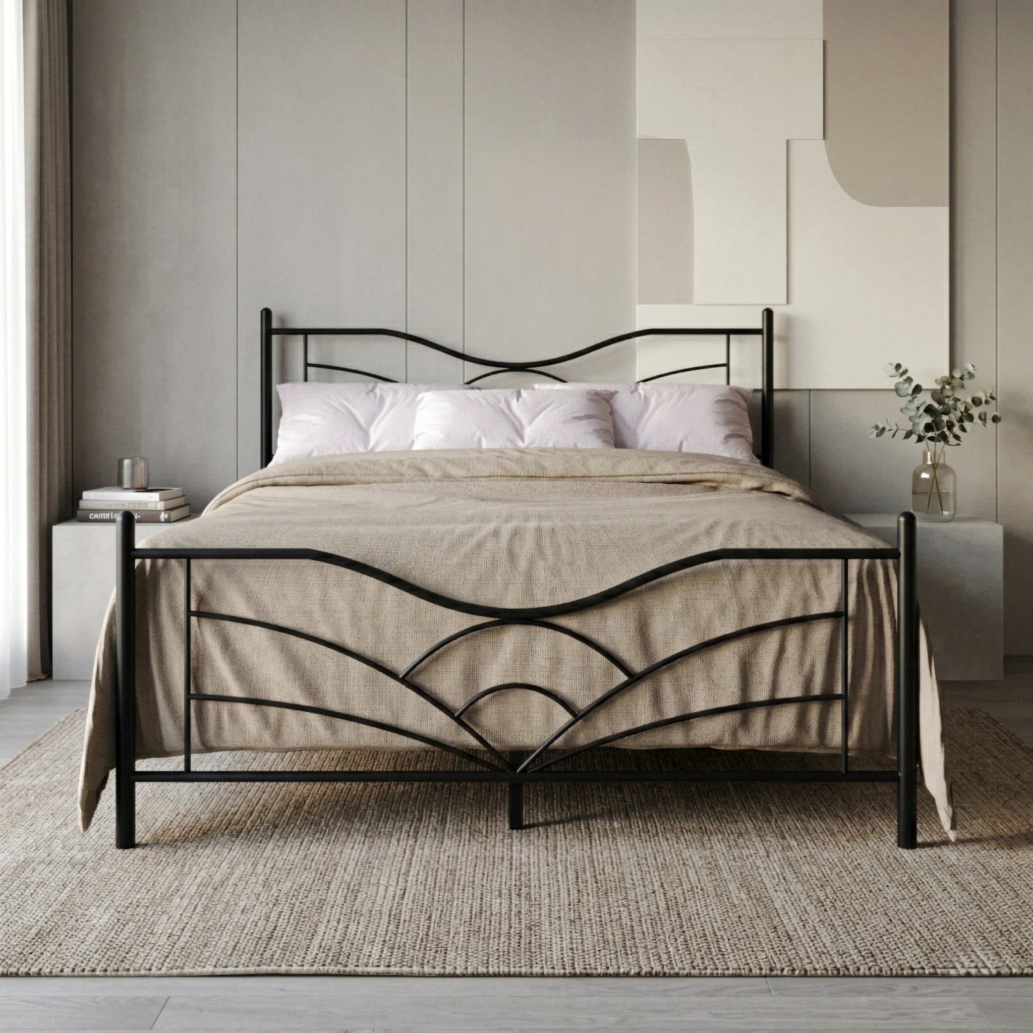 Home Design Enfield Classic King Metal Platform Bed, Curved Headboard and Footboard, No Box Spring Needed, Black