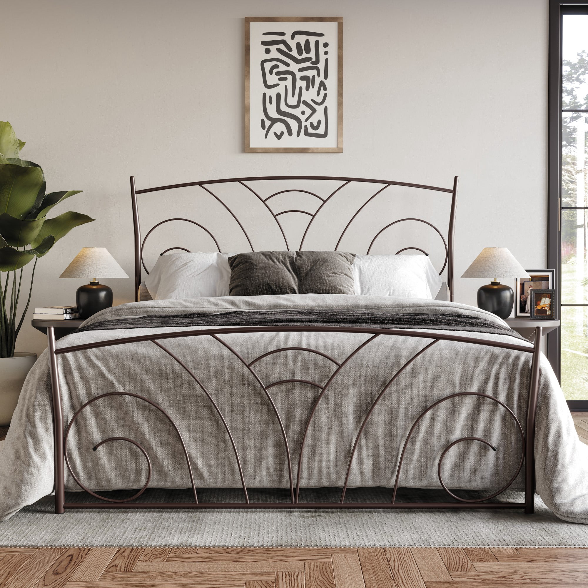 Home Design Essex Full Metal Bed Frame with Wavy Strip Design & Sturdy Metal Construction, Brown, Easy Assembly