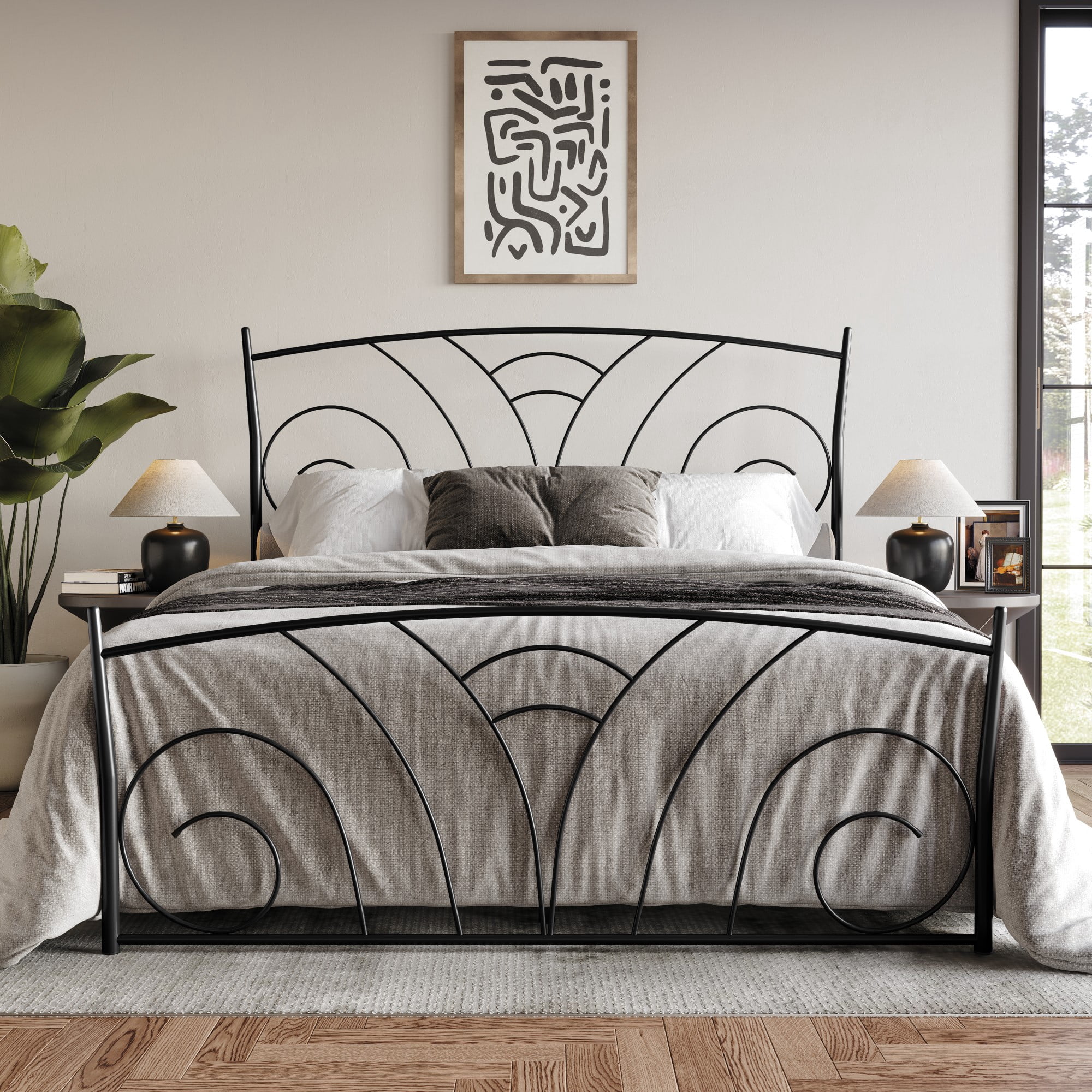 Home Design Essex King Metal Bed Frame with Wavy Strip Design & Sturdy Metal Construction, Black, Easy Assembly