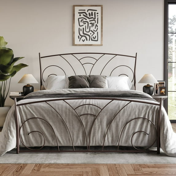 Home Design Essex Queen Metal Bed Frame with Wavy Strip Design & Sturdy Metal Construction, Brown, Easy Assembly