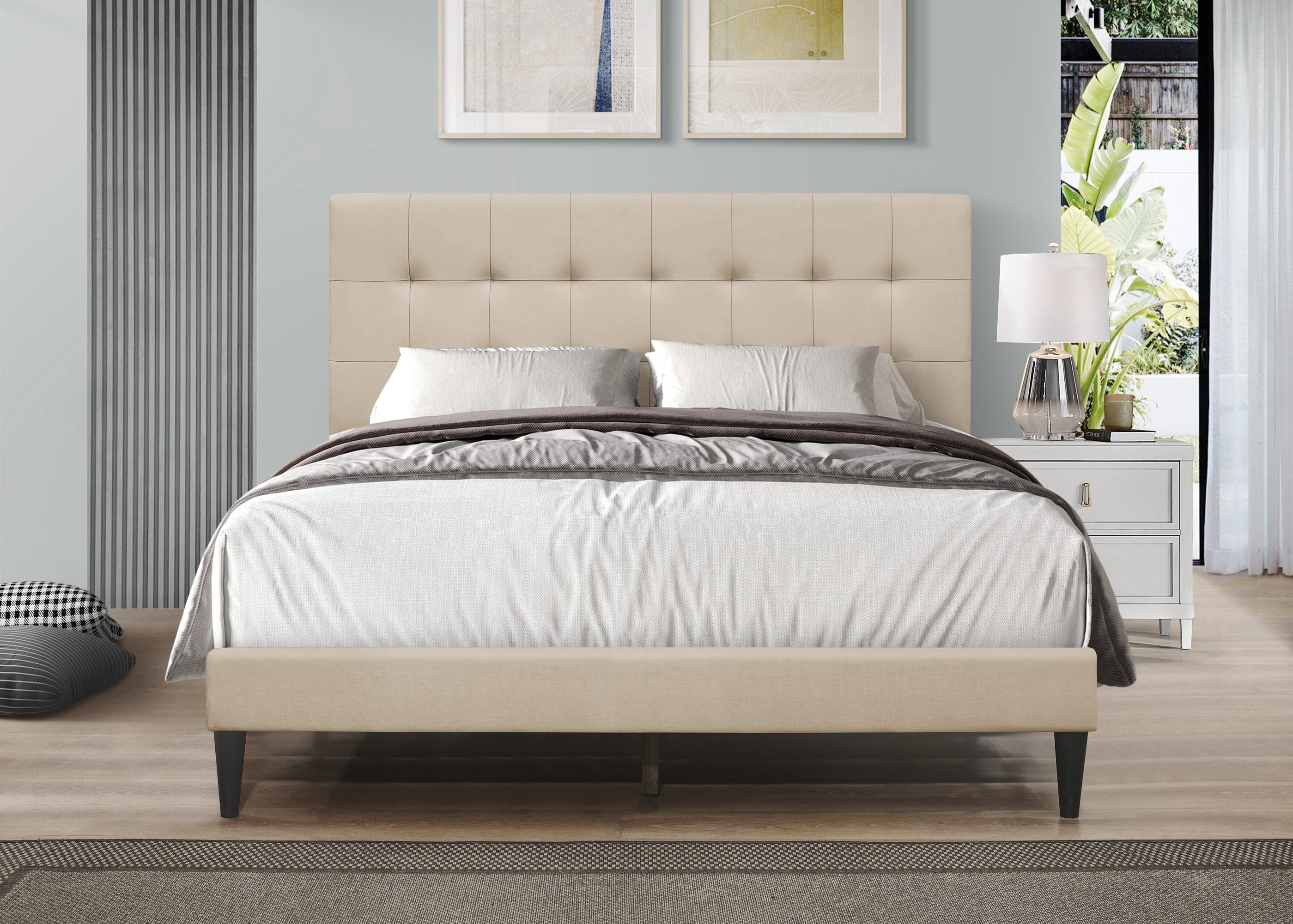 Home Design Evanston Queen Tufted Upholstered Platform Bed with Slatted Wood and Foam-Padded Headboard, Beige, Easy Assembly