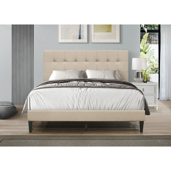 Home Design Evanston Queen Tufted Upholstered Platform Bed with Slatted Wood and Foam-Padded Headboard, Beige, Easy Assembly