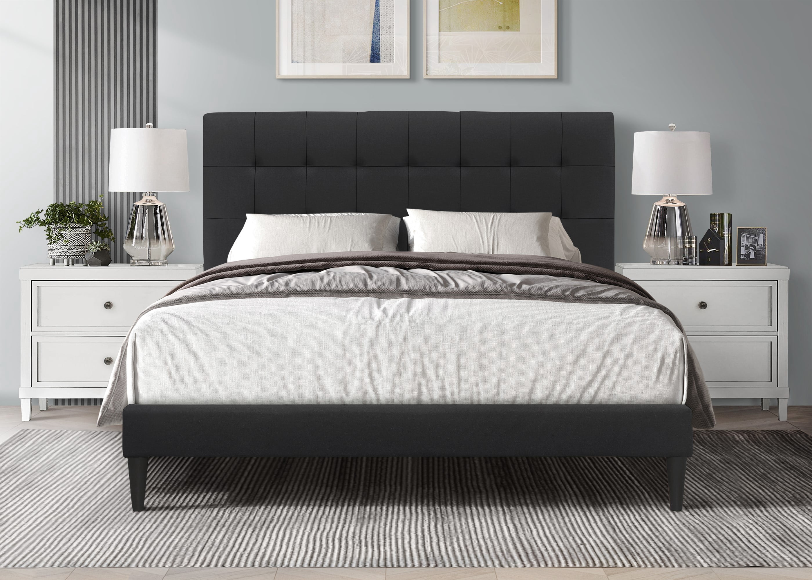 Home Design Evanston Full Tufted Upholstered Platform Bed with Slatted Wood and Foam-Padded Headboard, Black, Easy Assembly