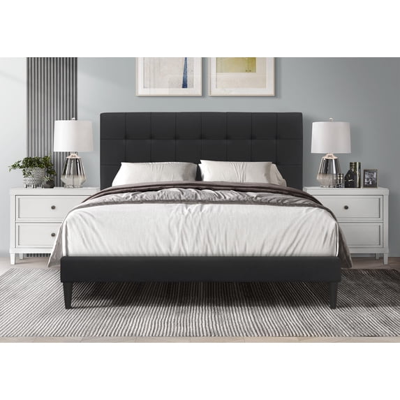 Home Design Evanston Queen Tufted Upholstered Platform Bed with Slatted Wood and Foam-Padded Headboard, Black, Easy Assembly