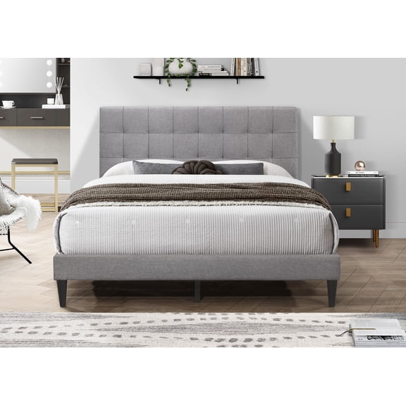 Home Design Evanston Queen Tufted Upholstered Platform Bed with Slatted Wood and Foam-Padded Headboard, Gray, Easy Assembly