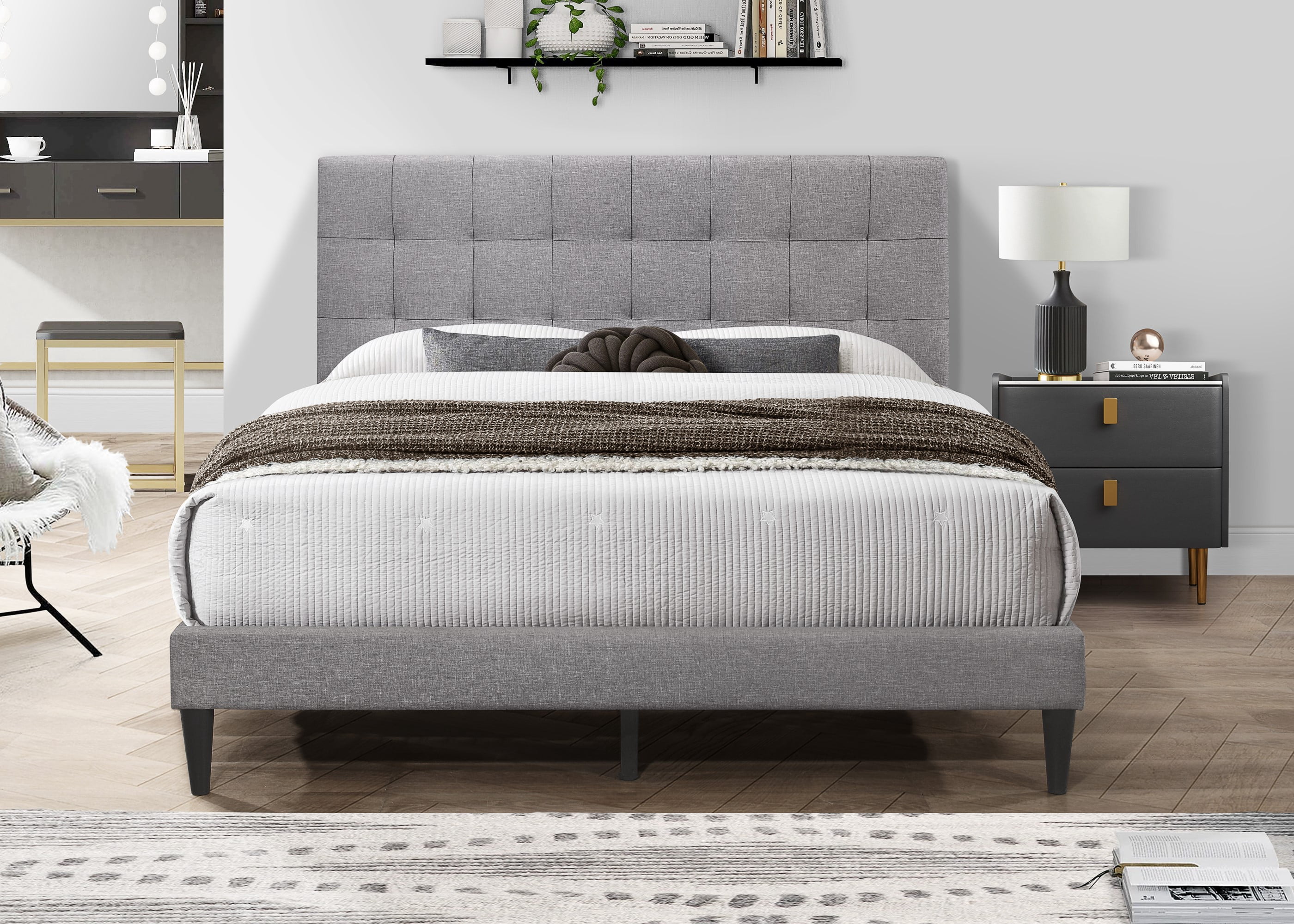 Home Design Evanston Twin Tufted Upholstered Platform Bed with Slatted Wood and Foam-Padded Headboard, Gray, Easy Assembly