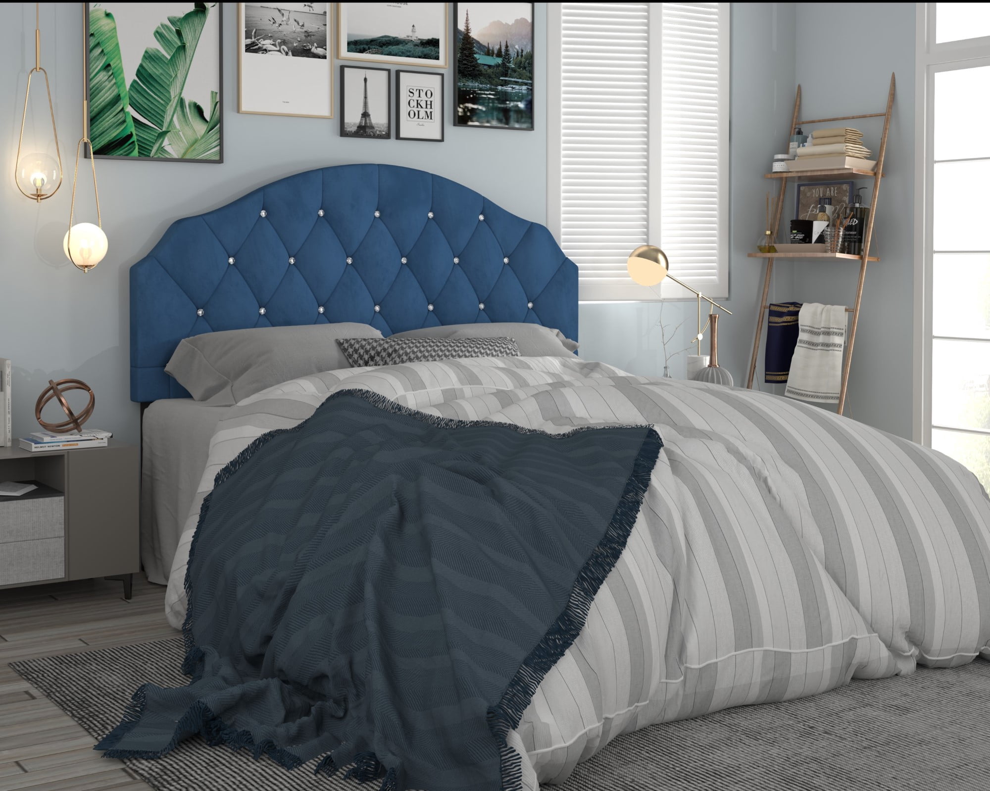 Home Design Evelina Full Tufted Upholstered Headboard, Blue, Velvet with Diamond Button Tufting, Modern Bedroom Furniture
