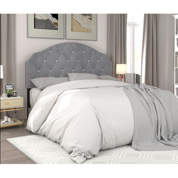 Home Design Evelina Full Tufted Upholstered Headboard, Silver Gray, Velvet with Diamond Button Tufting, Modern Bedroom Furniture