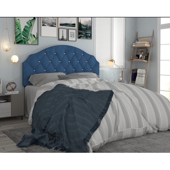 Home Design Evelina Queen Tufted Upholstered Headboard, Blue, Velvet with Diamond Button Tufting, Modern Bedroom Furniture