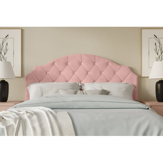 Home Design Evelina Queen Tufted Upholstered Headboard, Pink, Velvet with Diamond Button Tufting, Modern Bedroom Furniture