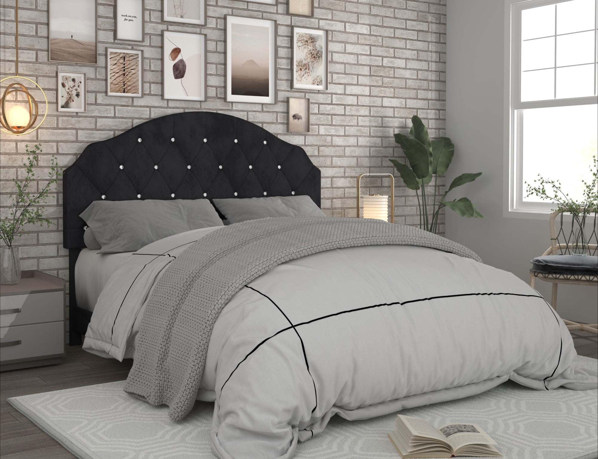 Home Design Evelina Twin Tufted Upholstered Headboard, Black, Velvet with Diamond Button Tufting, Modern Bedroom Furniture
