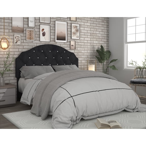 Home Design Evelina Full Tufted Upholstered Headboard, Black, Velvet with Diamond Button Tufting, Modern Bedroom Furniture