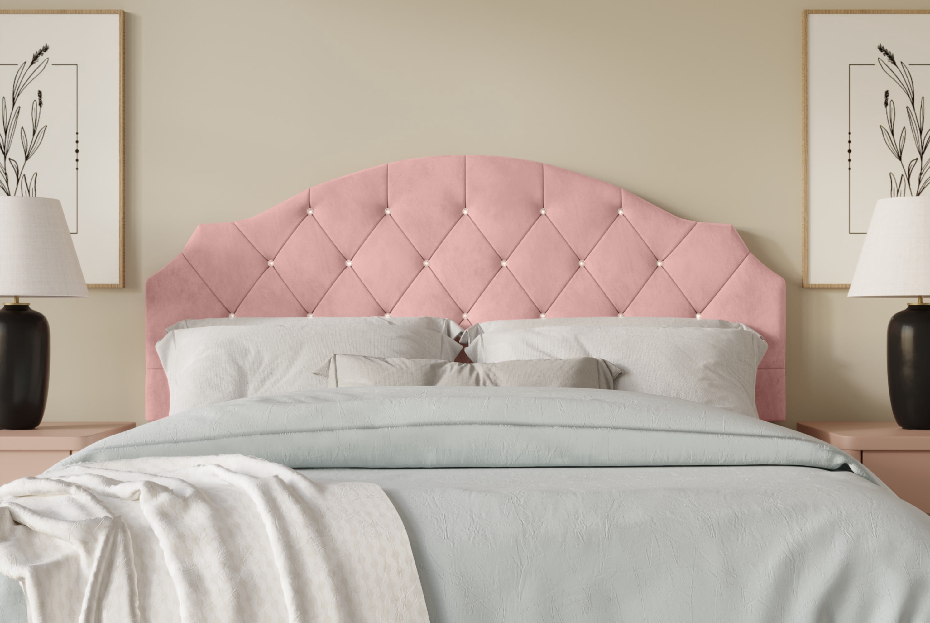 Home Design Evelina Full Tufted Upholstered Headboard, Pink, Velvet with Diamond Button Tufting, Modern Bedroom Furniture