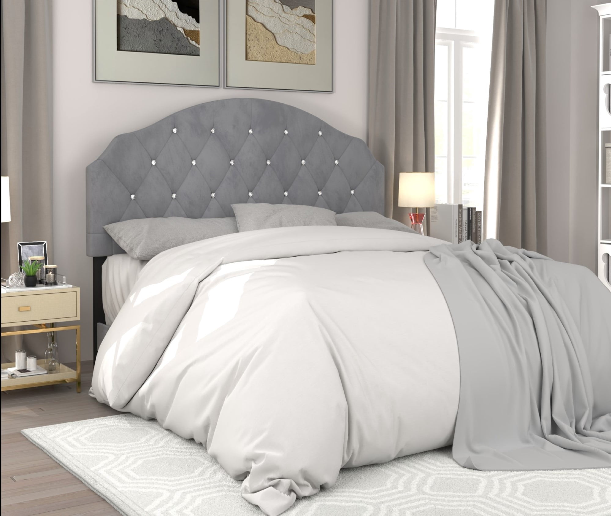 Home Design Evelina King Tufted Upholstered Headboard, Silver Gray, Velvet with Diamond Button Tufting, Modern Bedroom Furniture