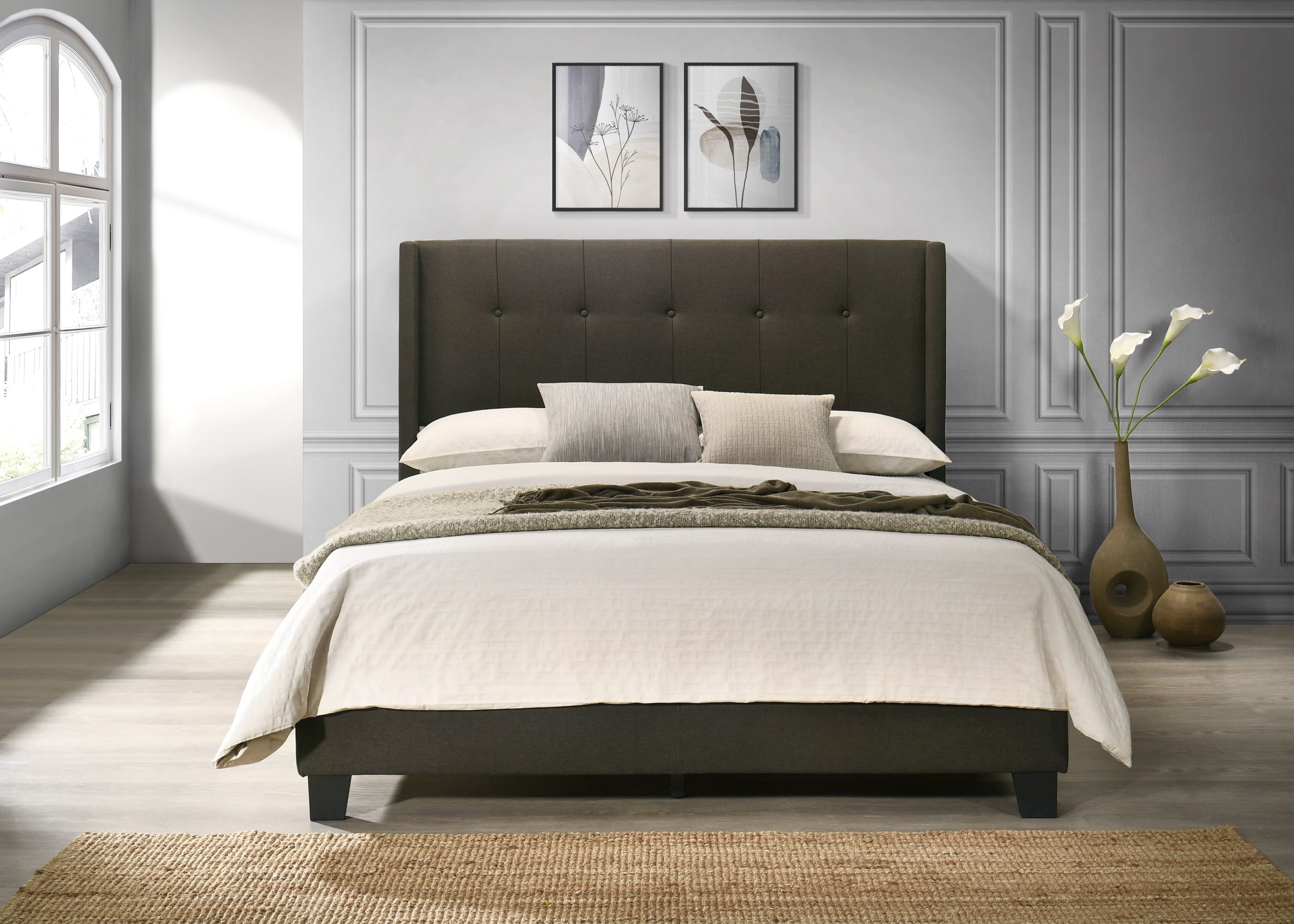 Home Design Evelyn Full Upholstered Panel Bed Frame with Button Tufting and Wingback Design, Brown, Easy Assembly