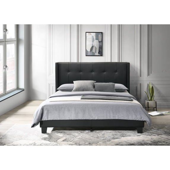 Home Design Evelyn Full Upholstered Platform Bed Frame with Tufted Headboard and Wingback Design, Black, Easy Assembly