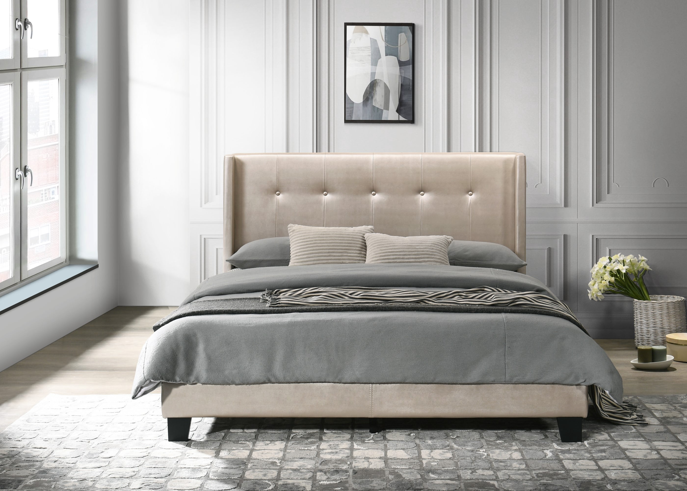 Home Design Evelyn Full Upholstered Platform Bed Frame with Tufted Headboard and Wingback Design, Champagne, Easy Assembly