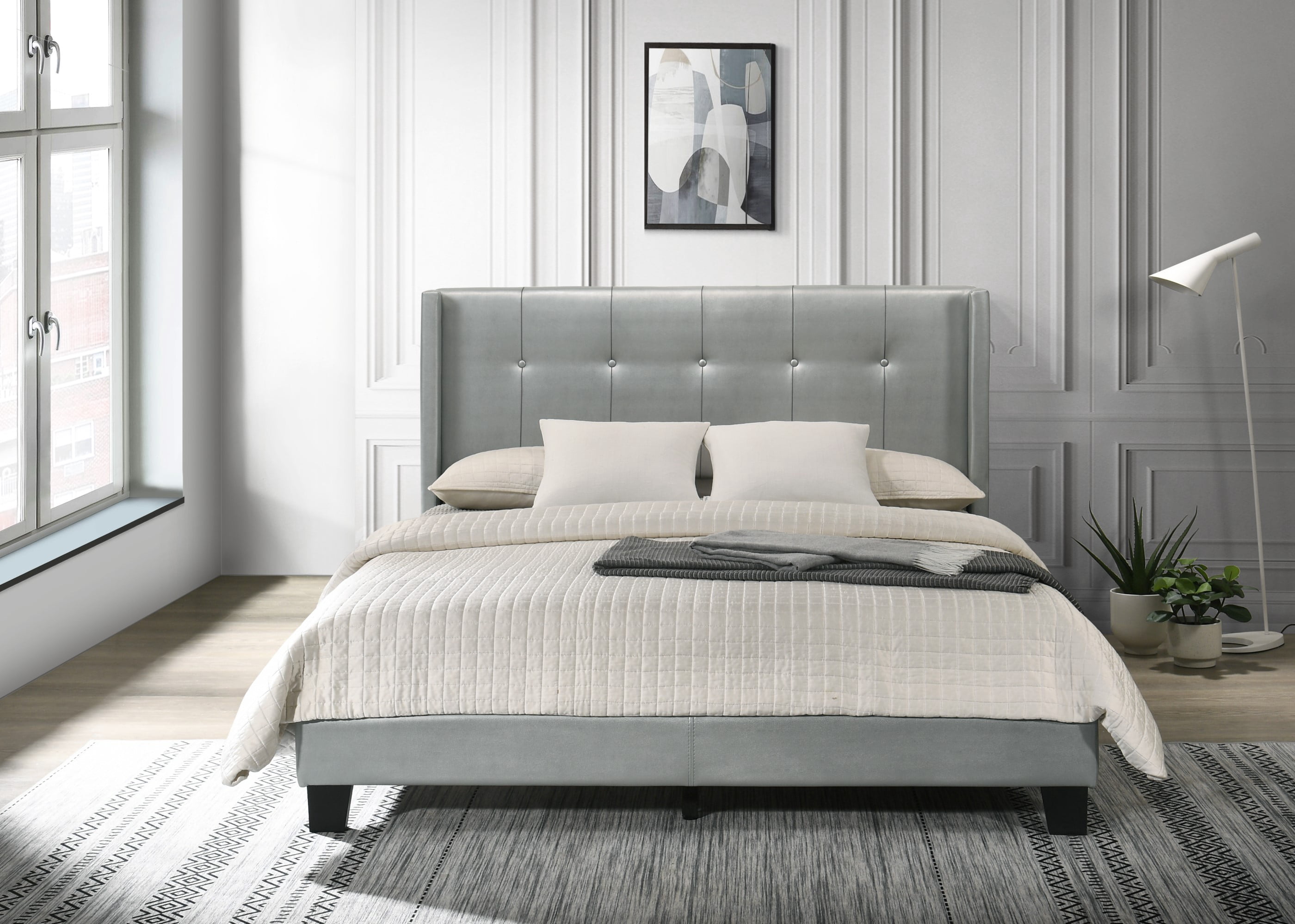Home Design Evelyn Full Upholstered Platform Bed Frame with Tufted Headboard and Wingback Design, Silver, Easy Assembly