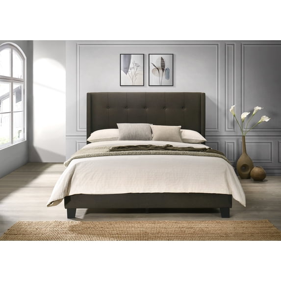 Home Design Evelyn King Upholstered Panel Bed Frame with Button Tufting and Wingback Design, Brown, Easy Assembly