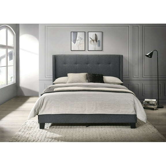 Home Design Evelyn King Upholstered Panel Bed Frame with Button Tufting and Wingback Design, Charcoal Gray, Easy Assembly