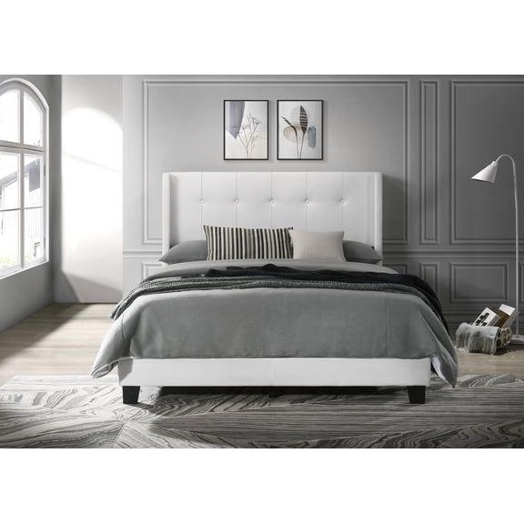Home Design Evelyn King Upholstered Panel Bed Frame with Button Tufting and Wingback Design, White, Easy Assembly