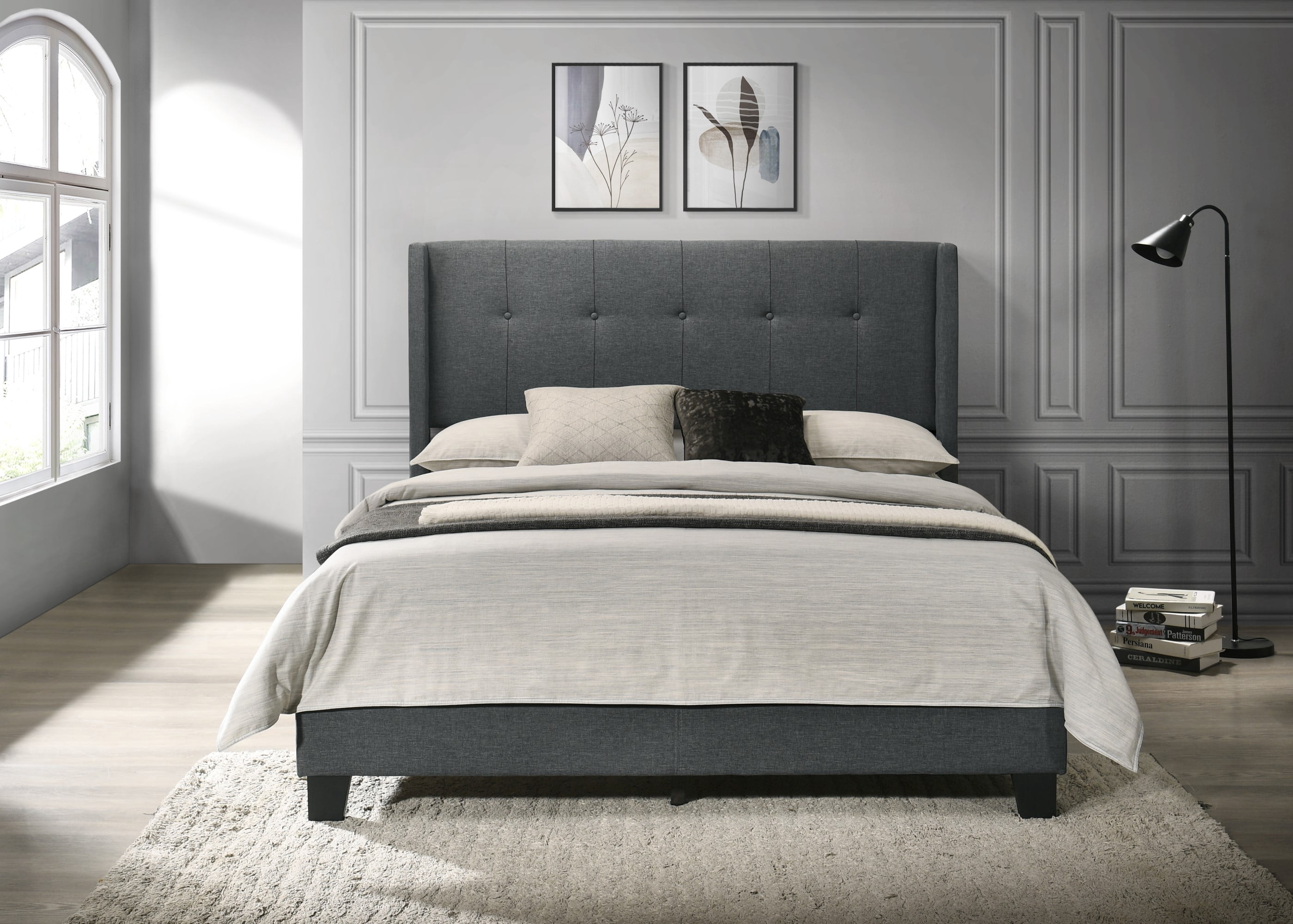 Home Design Evelyn Queen Upholstered Panel Bed Frame with Button Tufting and Wingback Design, Charcoal Gray, Easy Assembly
