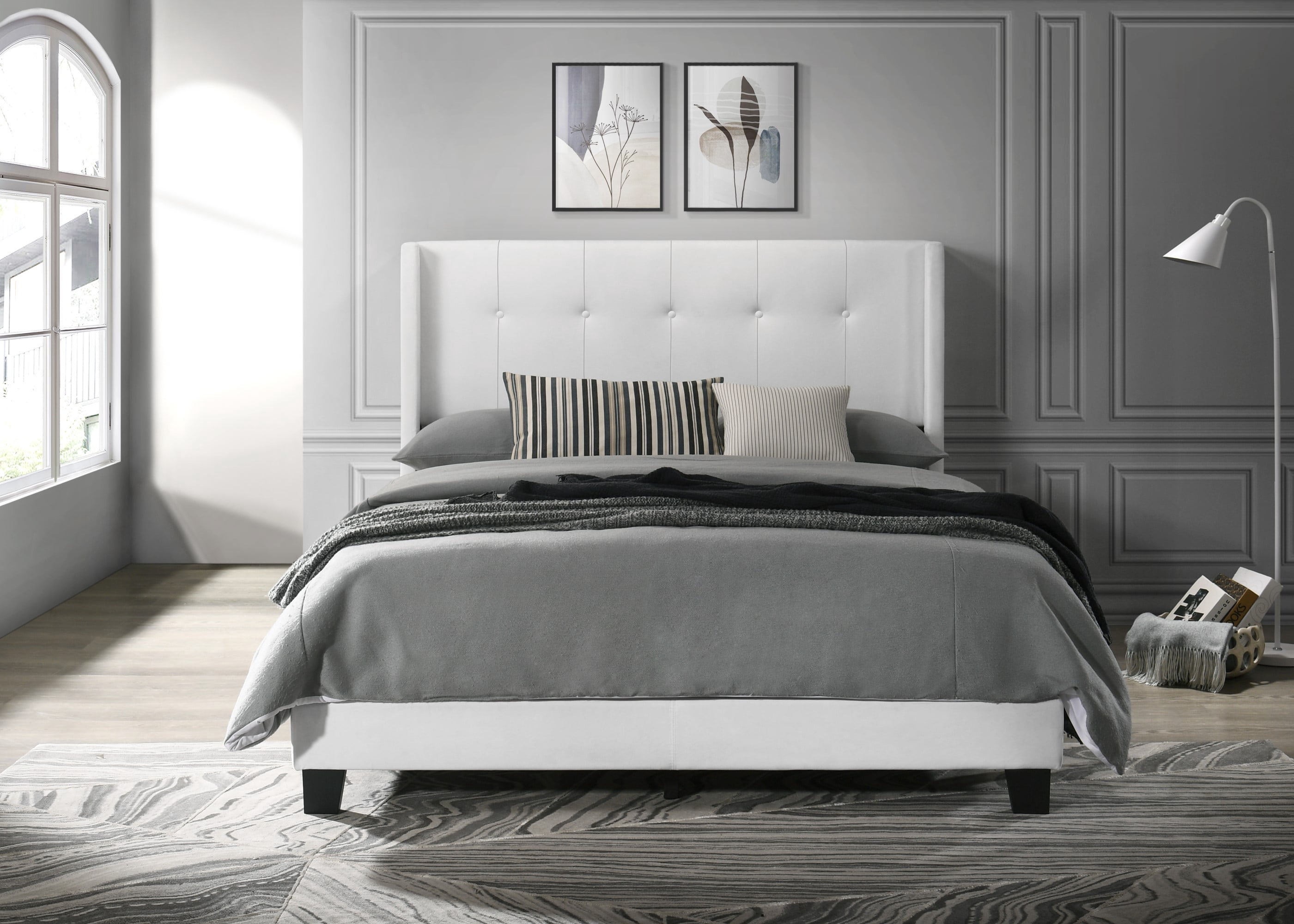 Home Design Evelyn Queen Upholstered Panel Bed Frame with Button Tufting and Wingback Design, White, Easy Assembly