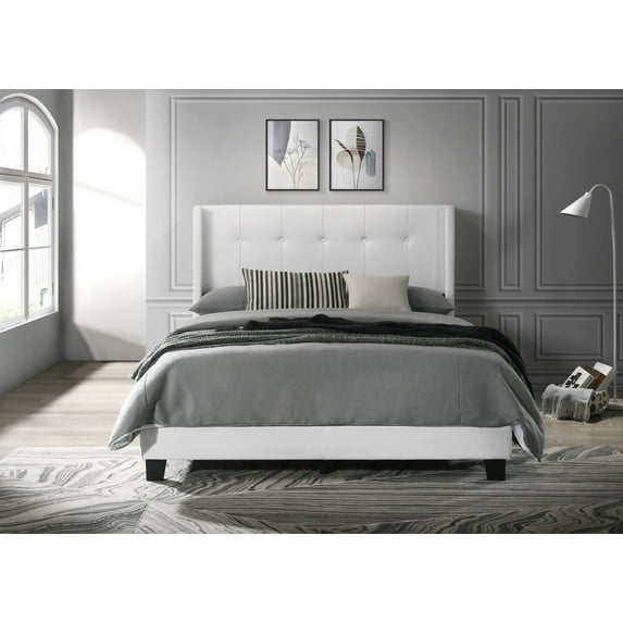 Home Design Evelyn Queen Upholstered Panel Bed Frame with Button Tufting and Wingback Design, White, Easy Assembly