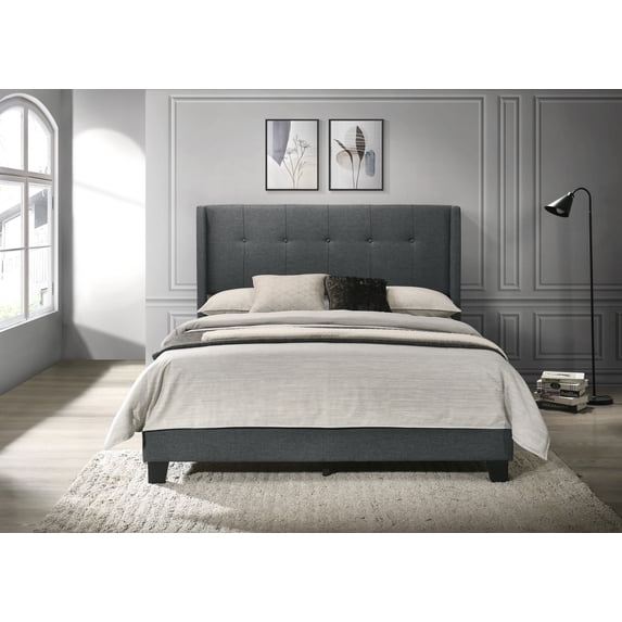 Home Design Evelyn Twin Upholstered Panel Bed Frame with Button Tufting and Wingback Design, Charcoal Gray, Easy Assembly