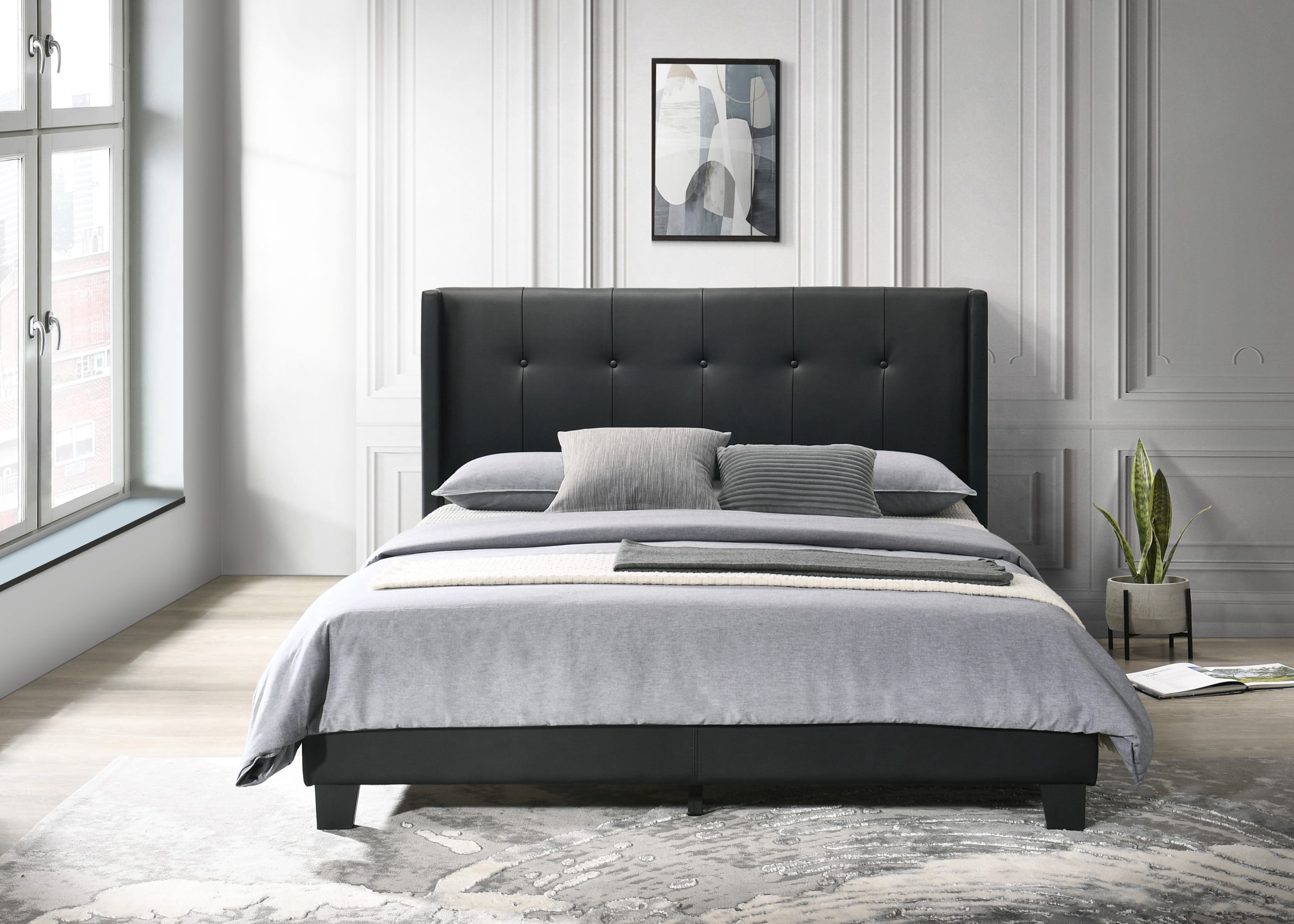 Home Design Evelyn Twin Upholstered Platform Bed Frame with Tufted Headboard and Wingback Design, Black, Easy Assembly