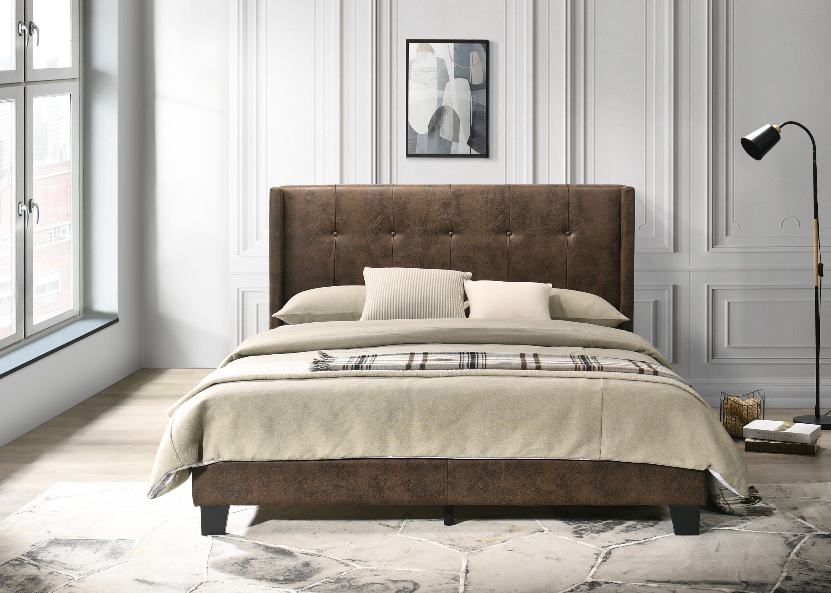 Home Design Evelyn Twin Upholstered Platform Bed Frame with Tufted Headboard and Wingback Design, Brown, Easy Assembly