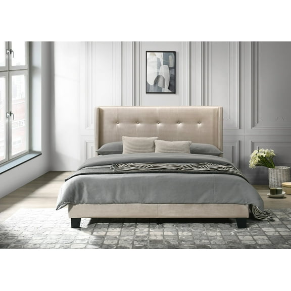 Home Design Evelyn Twin Upholstered Platform Bed Frame with Tufted Headboard and Wingback Design, Champagne, Easy Assembly