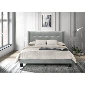 Home Design Evelyn Twin Upholstered Platform Bed Frame with Tufted Headboard and Wingback Design, Silver, Easy Assembly