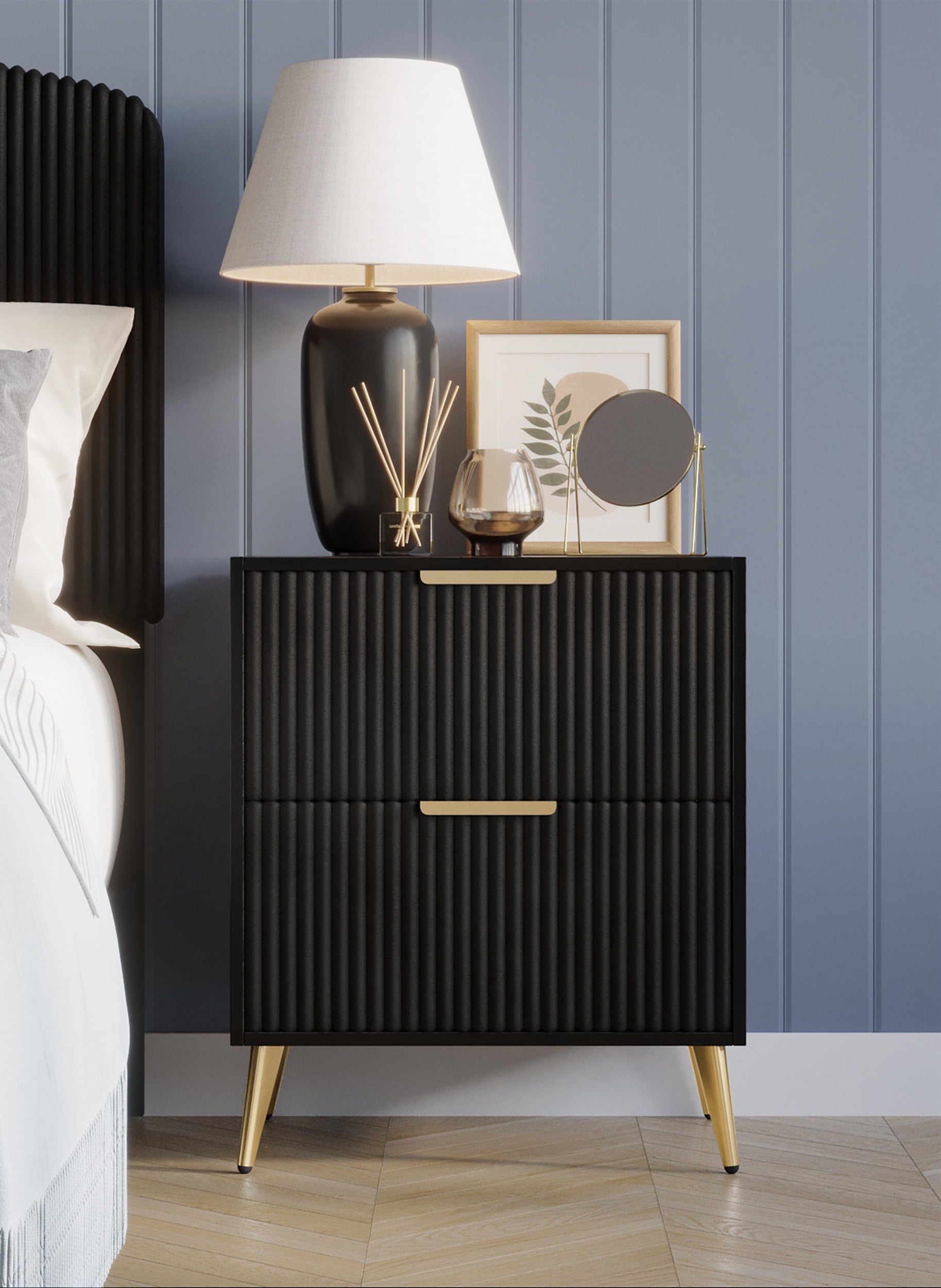 Home Design Everett Nightstand with Velvet Drawer Front and Gold-Tone Legs, Black, Easy Assembly