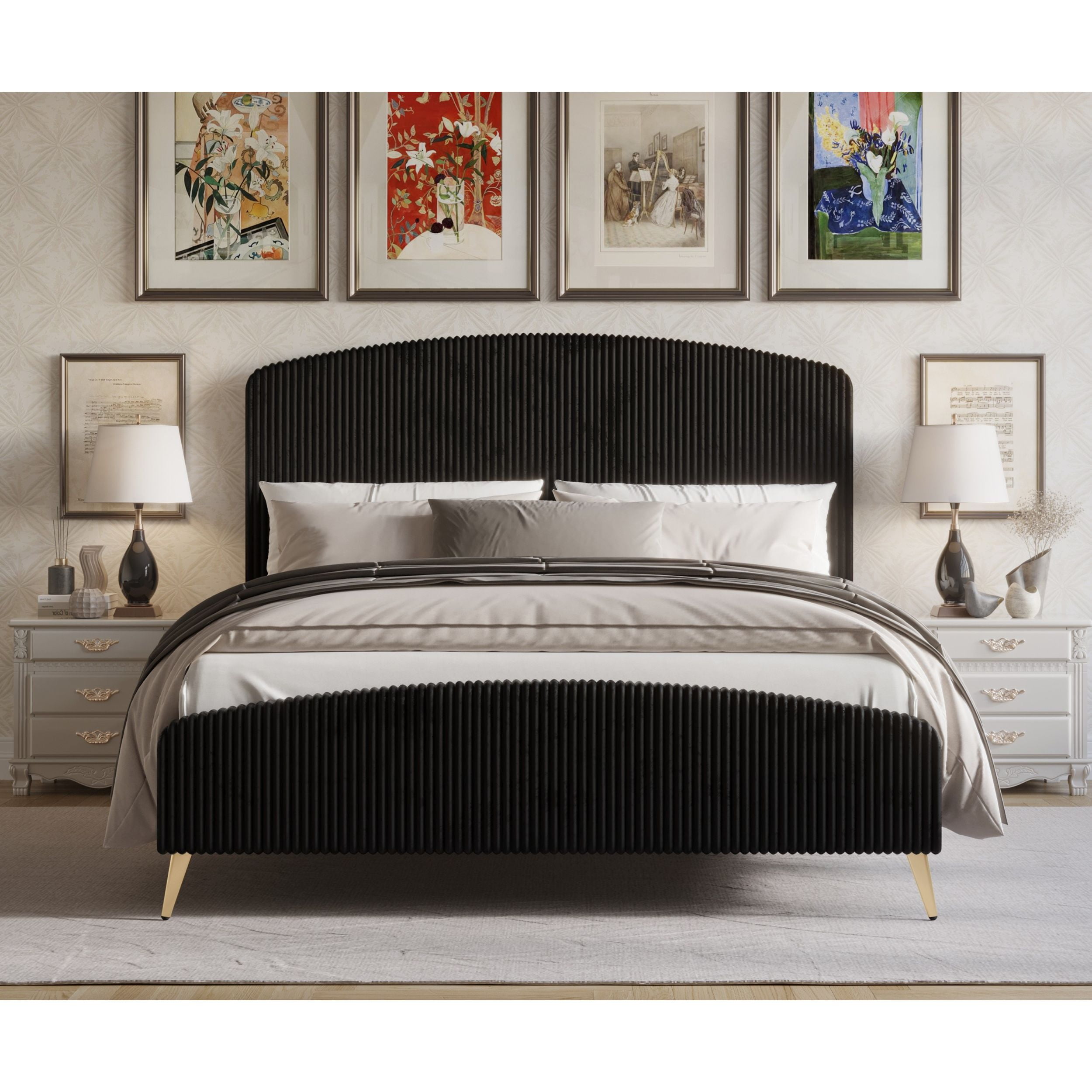 Home Design Everett Full Upholstered Panel Bed Frame with Curve-Shaped Design Headboard For Adult, Black, Easy Assembly