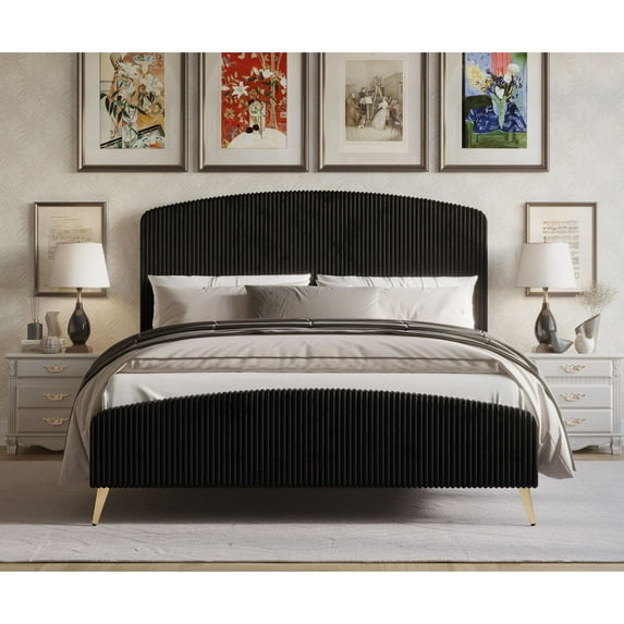 Home Design Everett Twin Upholstered Panel Bed Frame with Curve-Shaped Design Headboard For Adult, Black, Easy Assembly