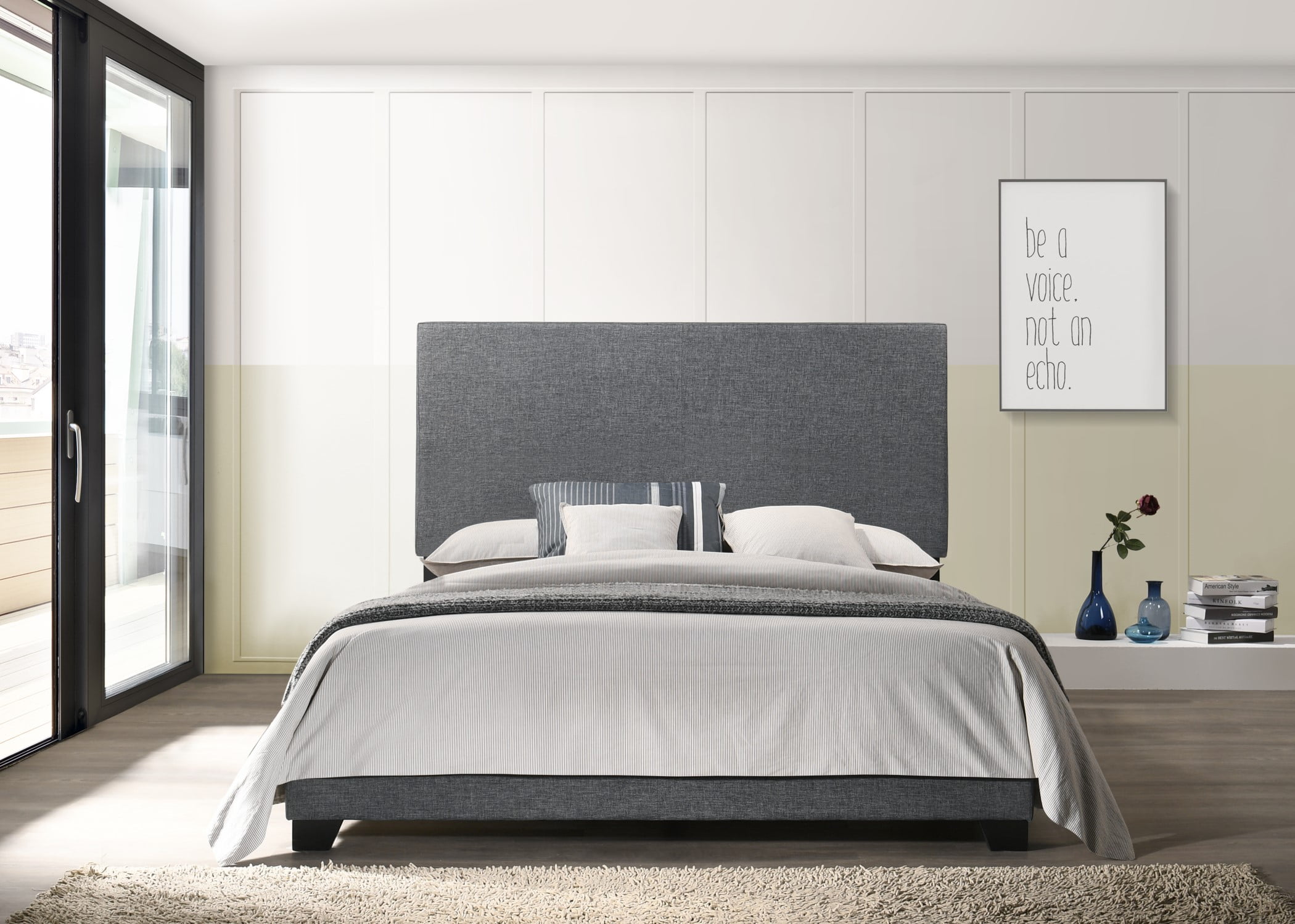 Home Design Evon Queen Linen Upholstered Bed Frame with Foam Padding and Polyester Upholstery, Dark Gray, Easy assembly