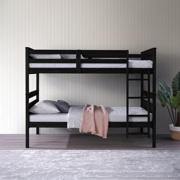 Home Design Exeter Twin Over Twin Solid Wood Bunk Bed Frame with Guardrails and Ladder, Black, Easy Assembly