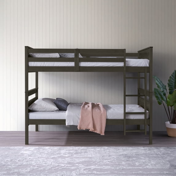 Home Design Exeter Twin Over Twin Solid Wood Bunk Bed Frame with Guardrails and Ladder, Dark Gray, Easy Assembly