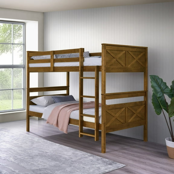 Home Design Exeter Twin Over Twin Solid Wood Bunk Bed Frame with Guardrails and Ladder, Brown, Easy Assembly