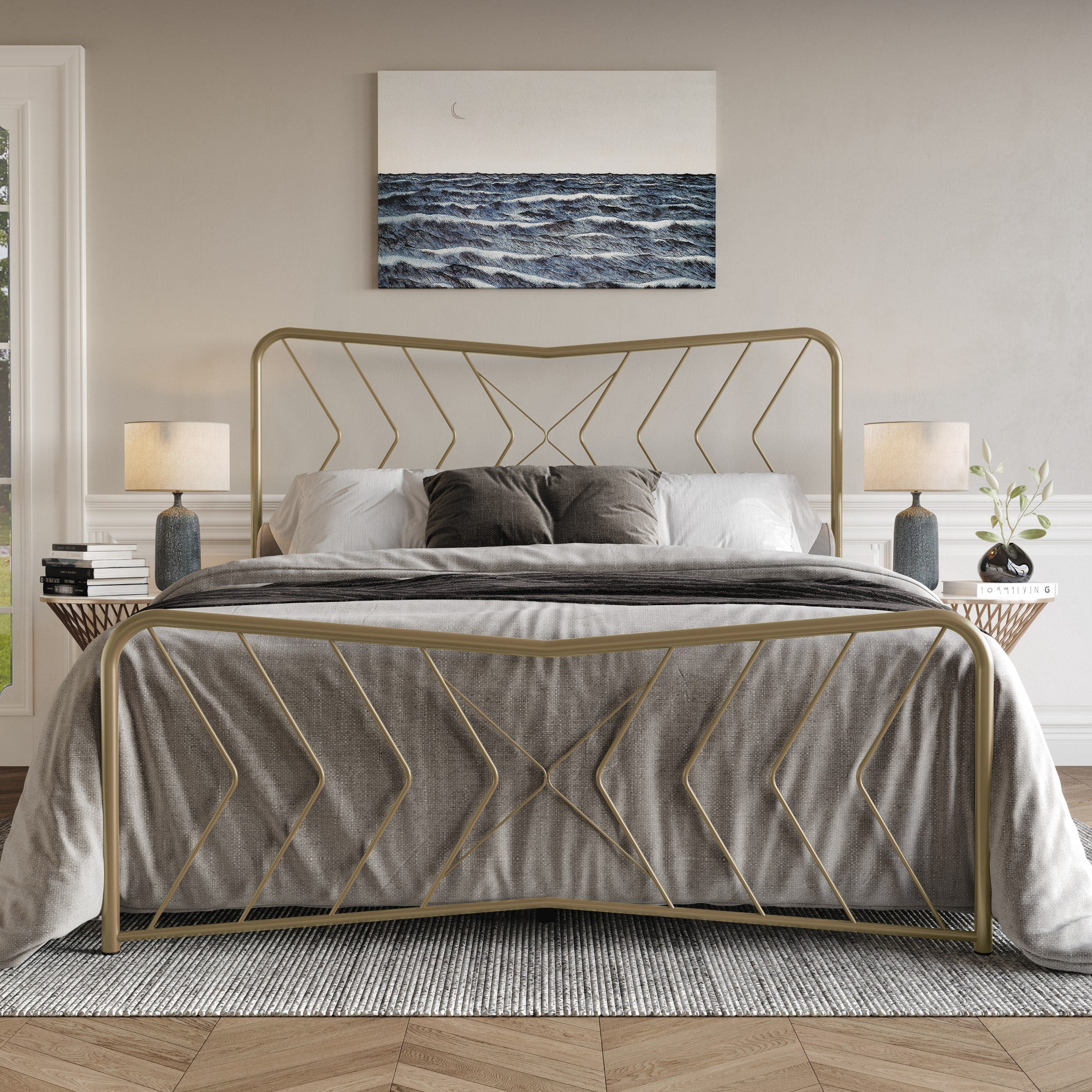 Home Design Rosette Queen Metal Bed – Metallic Gold, Durable Queen Bed