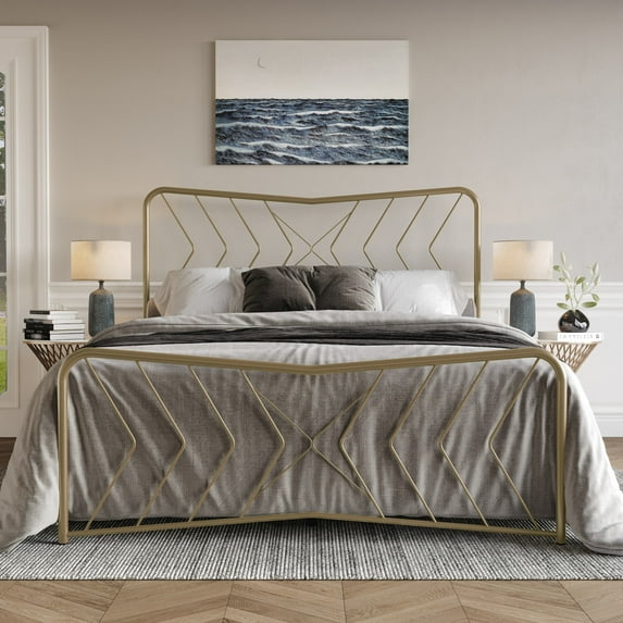 Home Design Rosette Queen Metal Bed – Metallic Gold, Durable Queen Bed