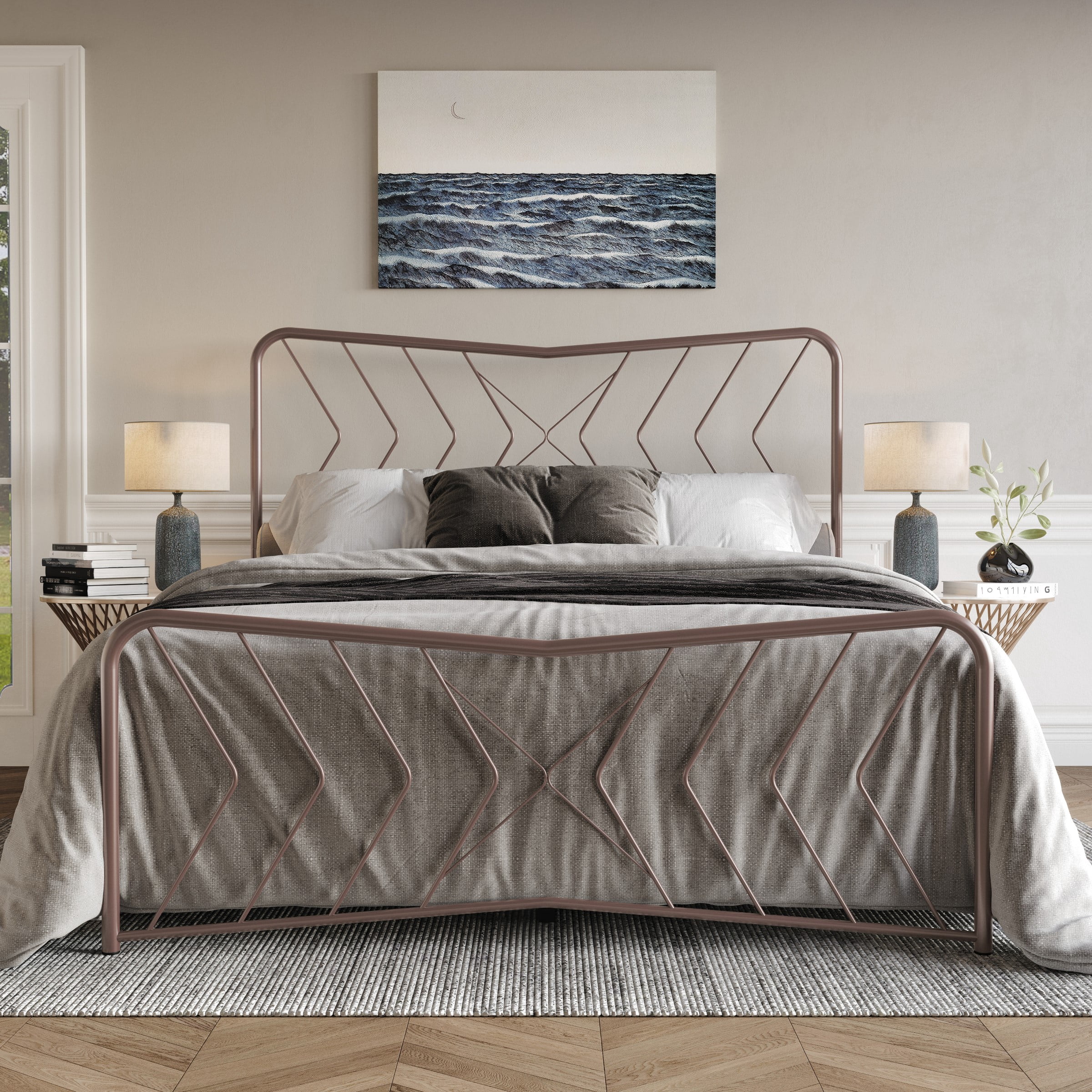 Home Design Rosette Queen Metal Bed – Pink, Durable Queen Bed