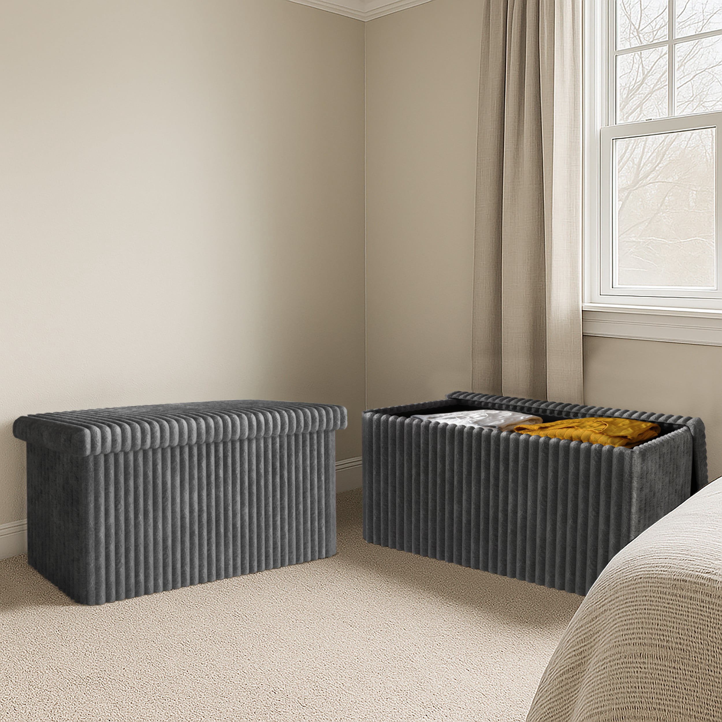 Home Design Florence Upholstered Folding Storage Bench with Foam Filled Seat, Multi-Purpose Rectangular Design for Seating, Footrest, or Hidden Storage in Living Room or Office, Gray