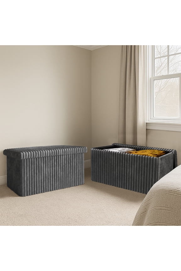 Florence Upholstered Folding Storage Bench with Foam Filled Seat, Multi-Purpose Rectangular Design for Seating, Footrest, or Hidden Storage in Living Room or Office, Gray